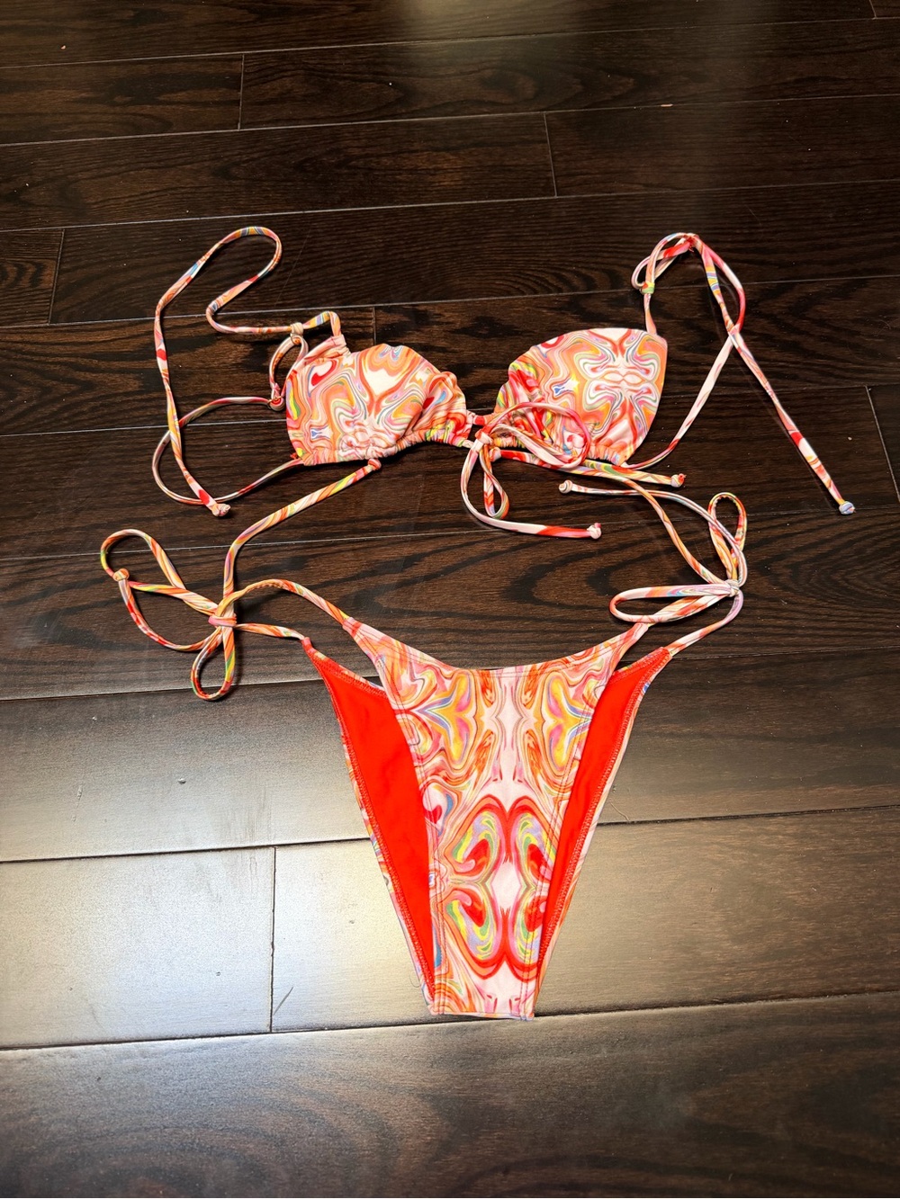 Strawberry Milk Mob Colorful Swirl Print String Bikini - Orange & Pink Size M